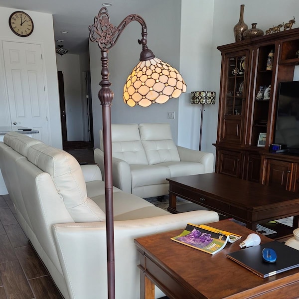 Homeroots 62 in. Traditional Shaped Floor Lamp with White Stained Glass Bowl Shade, Brown 478072 - main